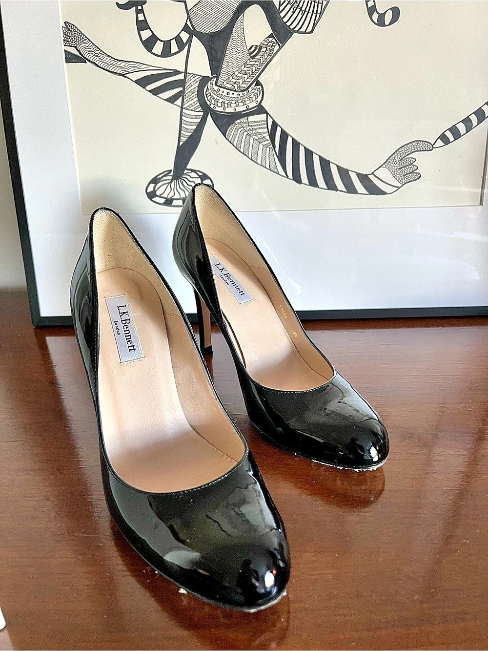 L.K. Bennett Black Patent Leather Round Toe Stiletto Pumps Black EU 38
